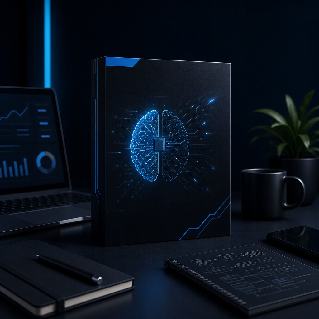 material digital, notebook e ambiente de trabalho representando aplicação prática de IA na rotina profissional